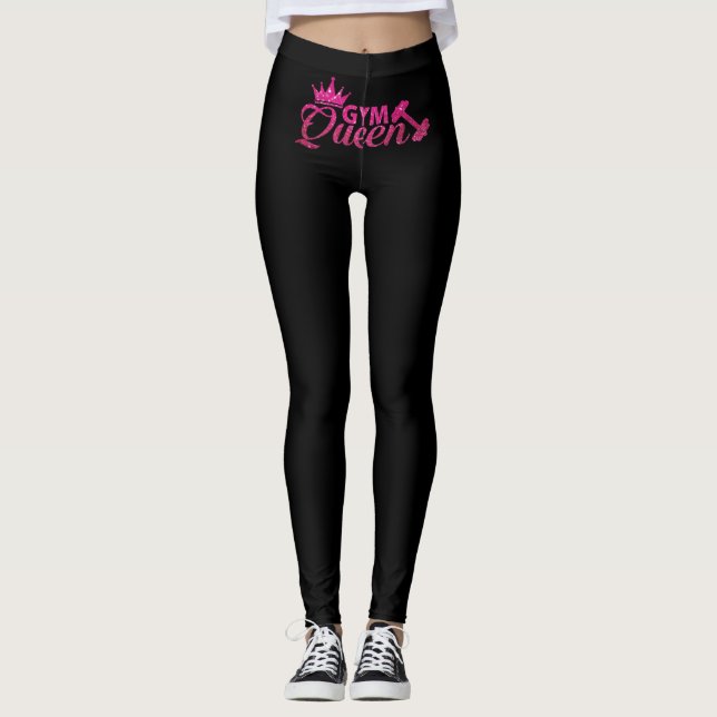 Funky hot pink faux glitter gym queen text  leggings (Front)