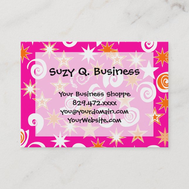 Funky Hot Pink Orange Stars Swirls Fun Pattern Business Card (Front)