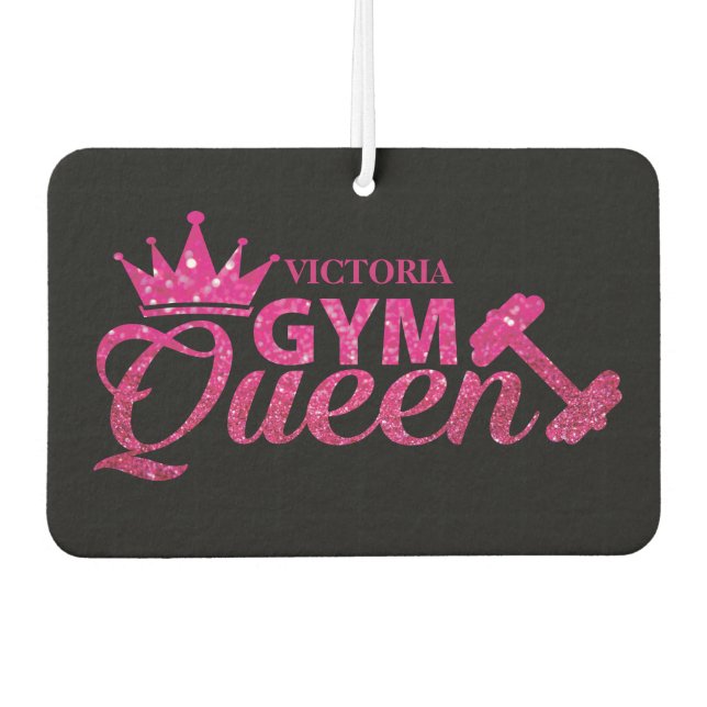 Funky hot pink personalized faux glitter Gym Queen Car Air Freshener (Front)