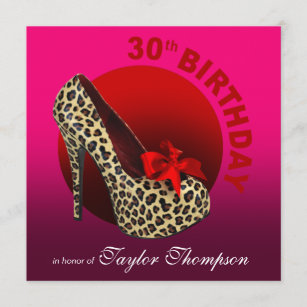 Funky Leopard Stiletto 30th Birthday fuschia red Invitation