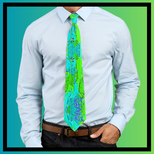 Funky Lime Green Aqua Blue Leaves  Tie