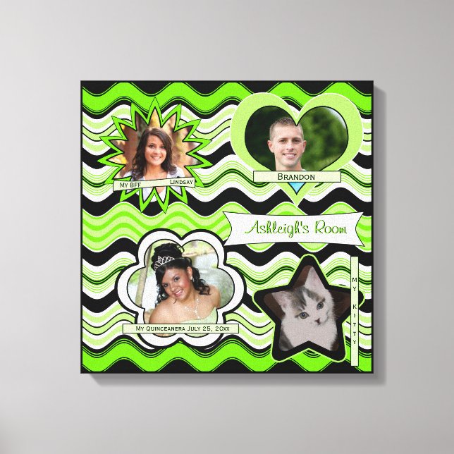 Funky Lime Green, Black, White Photo Wall Hanging Canvas Print (Front)
