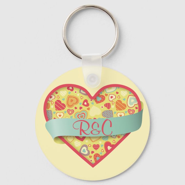 Funky Love heart with banner, customisable Key Ring (Front)