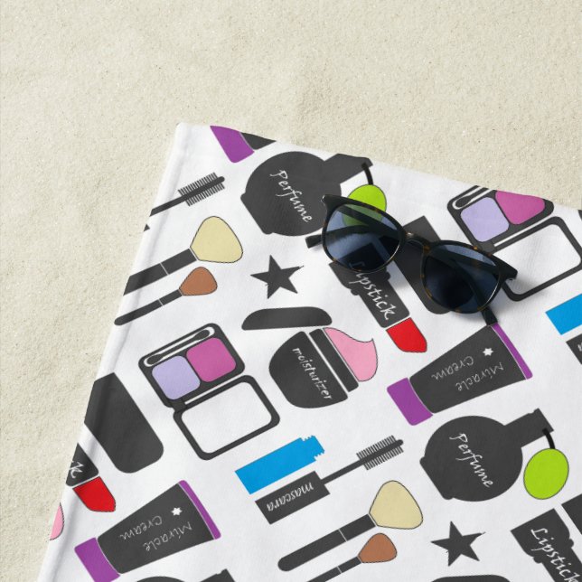 Funky Makeup Cosmetics Collage Pattern Beach Towel (In Situ)