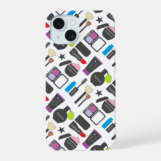 Funky Makeup Cosmetics Collage Pattern iPhone 15 Case (Back)