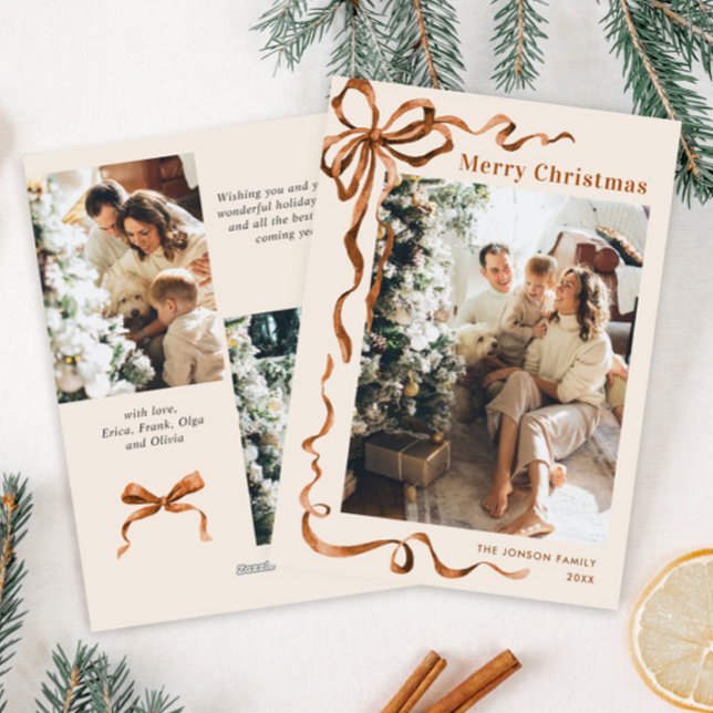 Funky Merry Christmas Boho Bow Ribbon 3 Photo Holiday Card (Creator Uploaded)