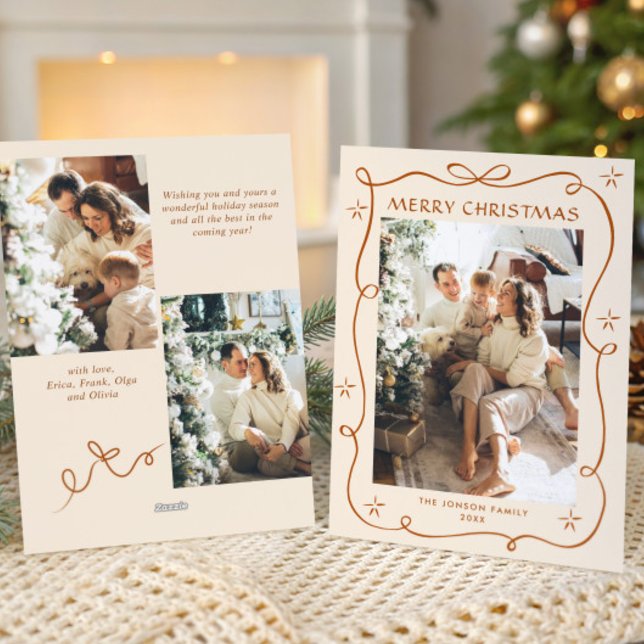 Funky Merry Christmas Boho Bow Ribbon 3 Photo Holiday Card (Creator Uploaded)