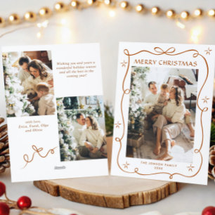Funky Merry Christmas Boho Bow Ribbon 3 Photo Holiday Card