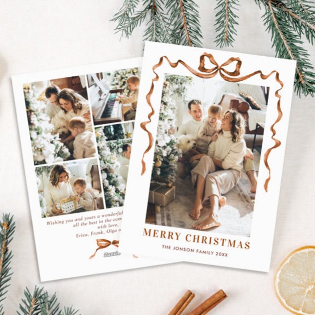 Funky Merry Christmas Boho Bow Ribbon 5 Photo Holiday Card (Creator Uploaded)