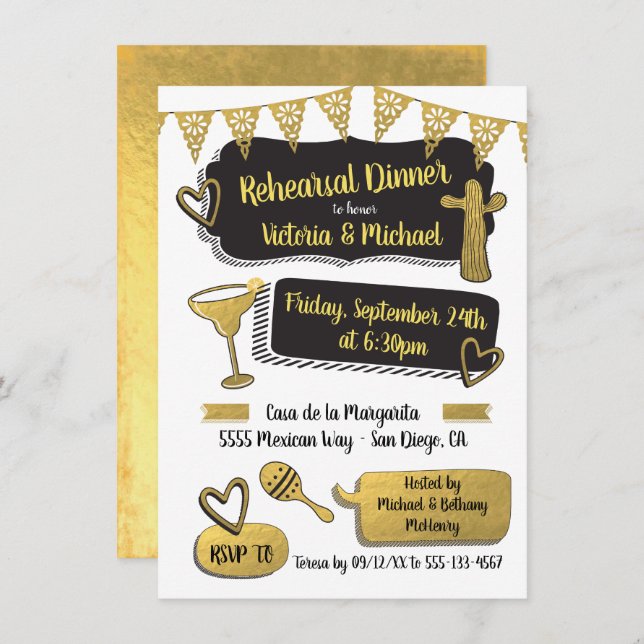Funky Mexican Fiesta Gold Foil Rehearsal Dinner Invitation (Front/Back)