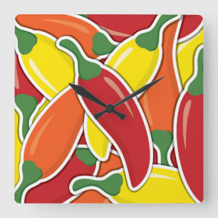 Funky mixed chilli peppers square wall clock
