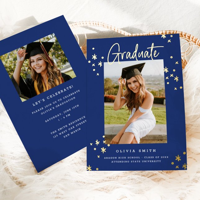 Funky Modern Blue Gold Graduation Announcement (Creator Uploaded)