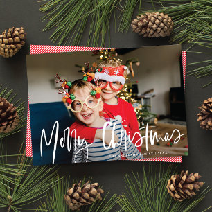 Funky Modern White Calligraphy Script Photo Holiday Card