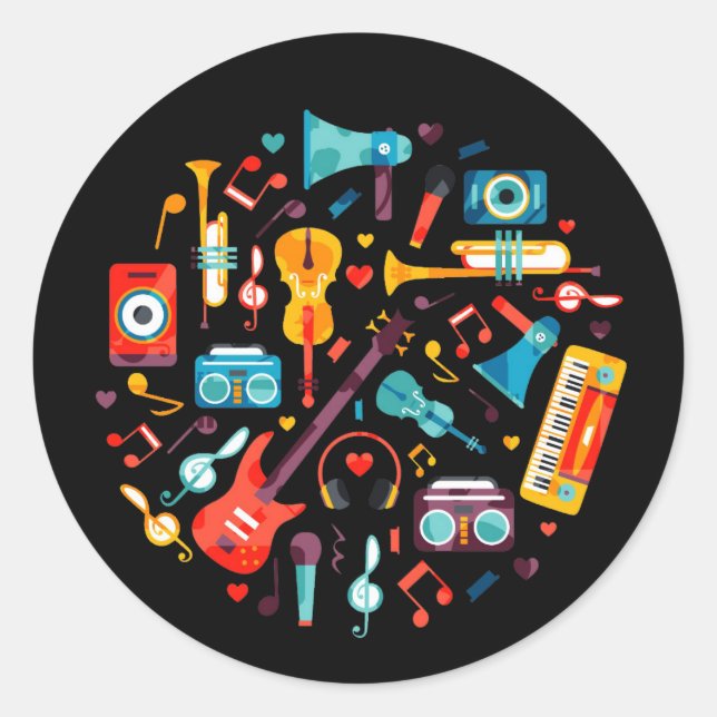 Funky Music colourful musical instruments Classic Round Sticker (Front)