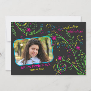 Funky Neon Floral Photo Graduation Invitation
