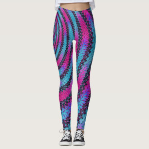 Funky Neon Vibrant Magenta and Cyan Spiral Fractal Leggings