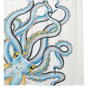 Funky Octopus Ink Blue Orange Shower Curtain