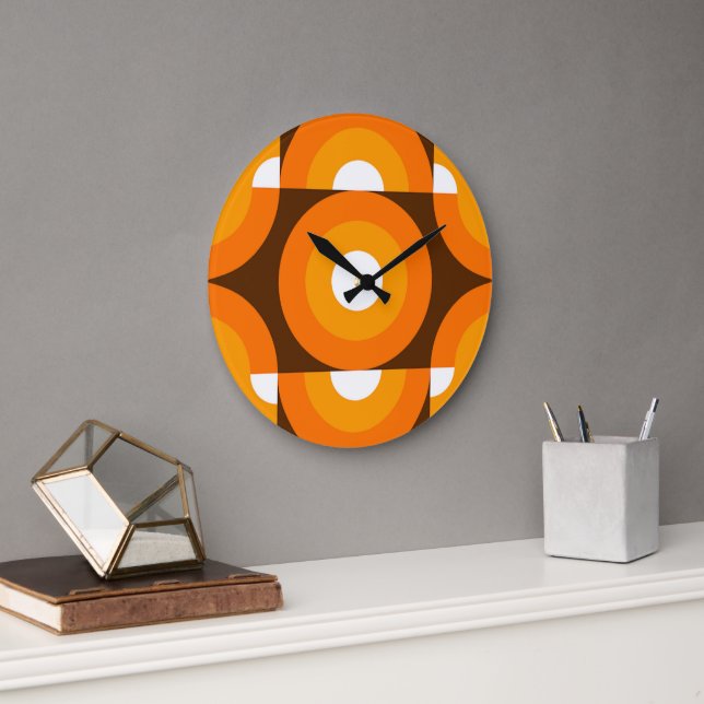 Funky Orange Brown Retro Circles Art Pattern Large Clock (Office)