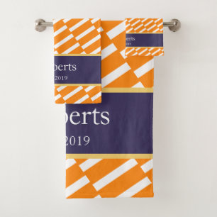 Funky Orange Pattern Family Name and Year Modern Bath Towel Set