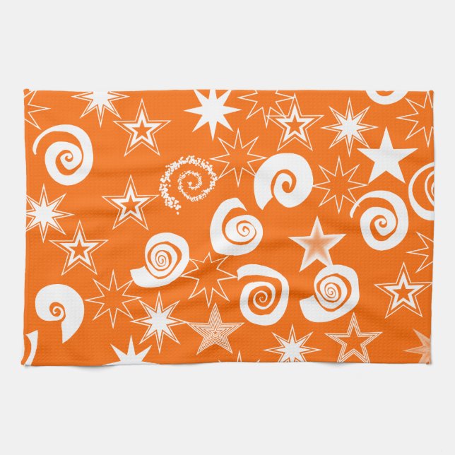 Funky Orange Stars and Swirls Fun Pattern Gifts Tea Towel (Horizontal)