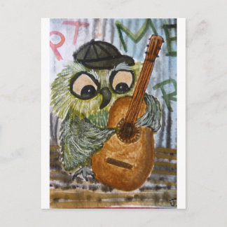 Funky owl playing guitar old wall watercolor bird postcard