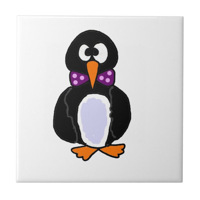 Funky Penguin Wearing Purple Bow Tie Cartoon Tile (Front)