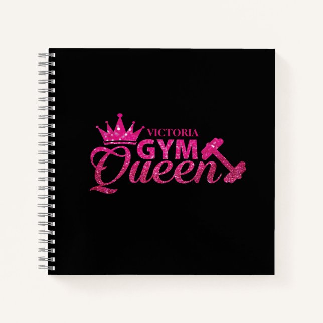 Funky Personalized Hot Pink Faux Glitter Gym Queen Notebook (Front)