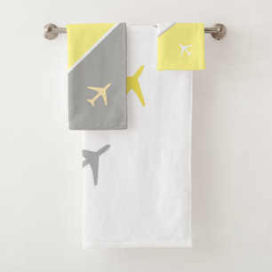 Funky Pilot Aviation Plane Planes Yellow Grey Bath Towel Set