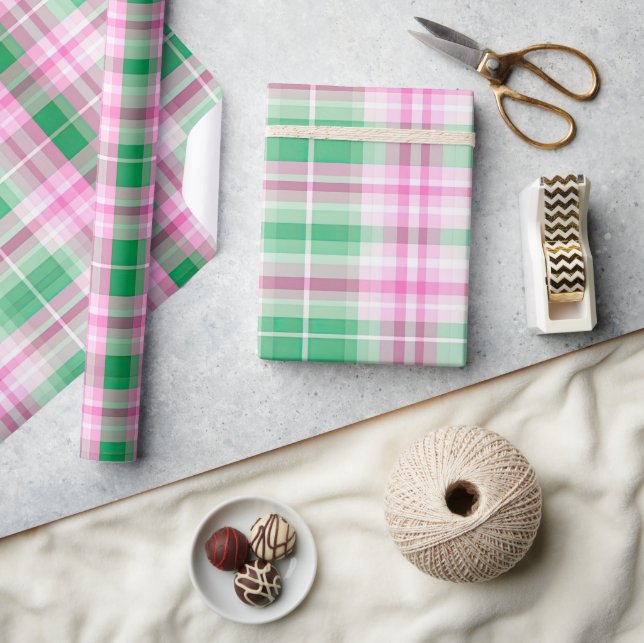 Funky Pink And Green Plaid Tartan Pattern Wrapping Paper (Crafts)