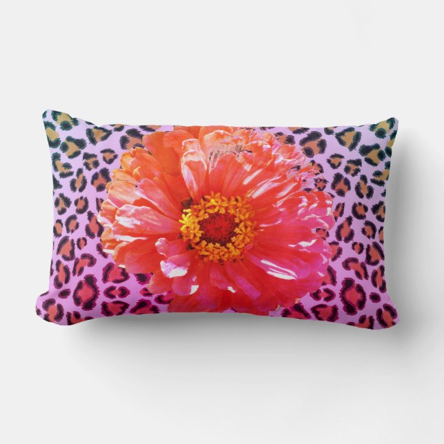 Funky pink and orange floral with leopard pattern  lumbar cushion (Front)