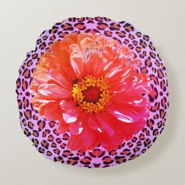 Funky pink and orange floral with leopard pattern  round cushion (Front)