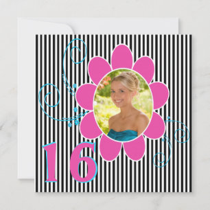Funky Pink, Blue, Black, White Stripe Sweet 16th Invitation