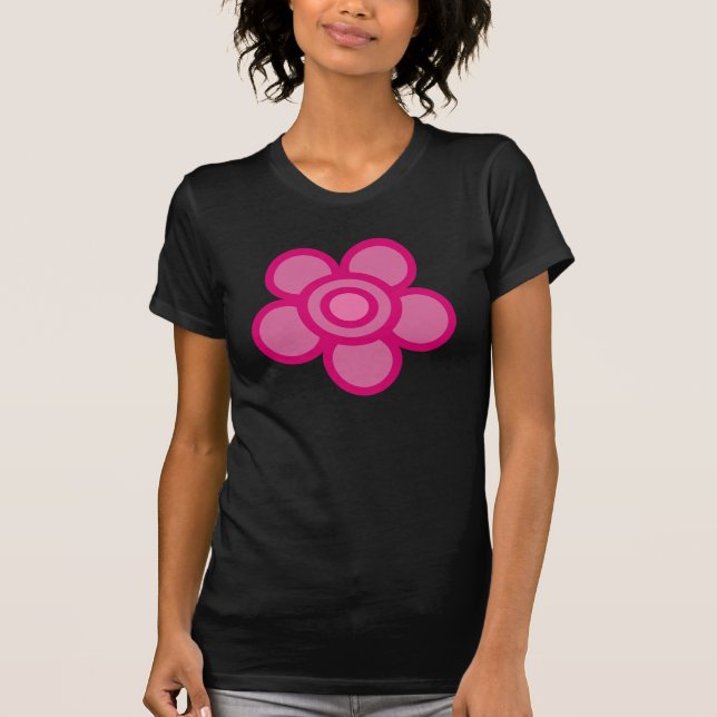Funky pink cartoon flower black tee shirt (Front)