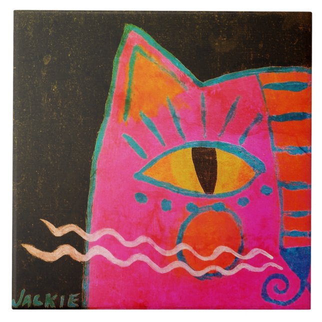 Funky Pink Cat Painting Tile (Front)