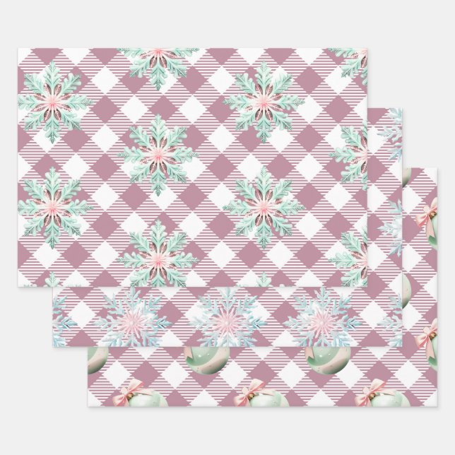 Funky Pink Christmas Gingham Pattern Wrapping Paper Sheet (Set)