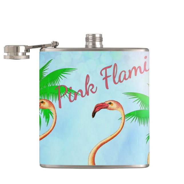 Funky Pink Flamingos Palm Trees Blue Sky Hip Flask (Opened)