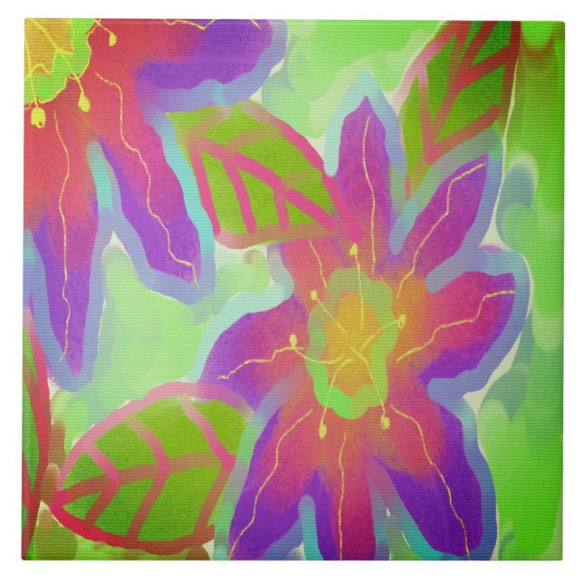 Funky Pink Flowers Abstract Art Tile (Front)