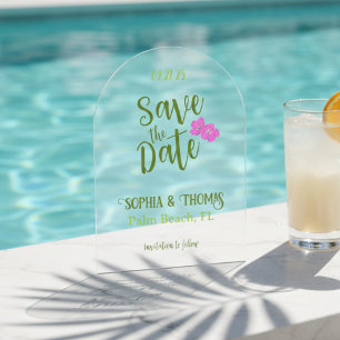 Funky Pink & Green Tropical Save the Date Arch Acrylic Invitations