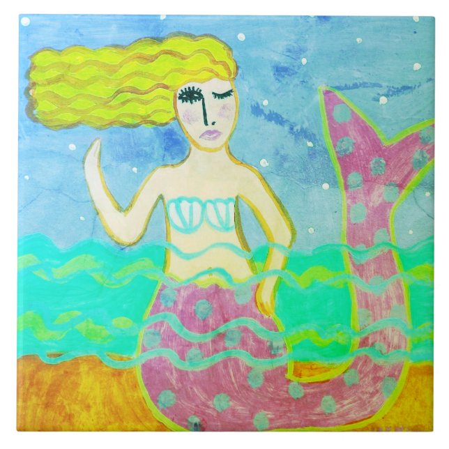 Funky Pink Mermaid Abstract Art Tile (Front)