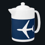 Funky Plane Aeroplane Pilot Aviation Flying Sky<br><div class="desc">Funky White Plane Dark Blue Background Teapot / Tea Pot to add to your home / office drinkware collection. A cool present / gift idea for all who love custom design items, positive vibes, sky, flying, aviation etc. Airways, airlines, sky, air. Change the background colour (blue) to suit your style....</div>