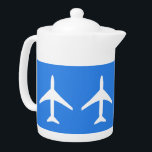 Funky Plane Aeroplane Pilot Aviation Flying Sky<br><div class="desc">Funky White Plane Blue Background Teapot / Tea Pot to add to your home / office drinkware collection. A cool present / gift idea for all who love custom design items,  positive vibes,  sky,  flying,  aviation etc. Airways,  airlines,  sky,  air.</div>