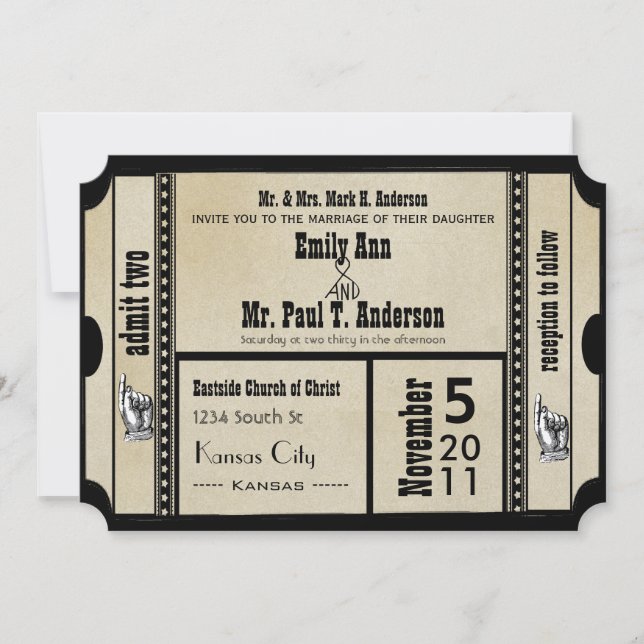 Funky Playbill Wedding Ticket Style Invitation (Front)