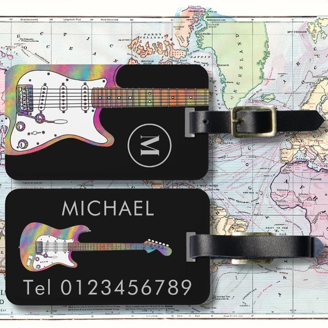 Funky Psychedelic Electric Guitar Personalised  Luggage Tag (Colorful electric guitar custom monogram travel tag)
