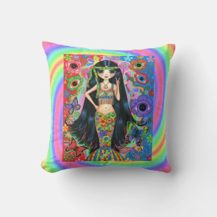 Funky Psychedelic Hippie Mermaid Girl Peace Sign Cushion