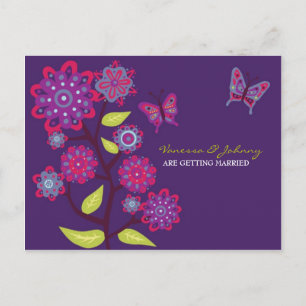 Funky Purple Flowers Wedding Save the Date Announcement Postcard