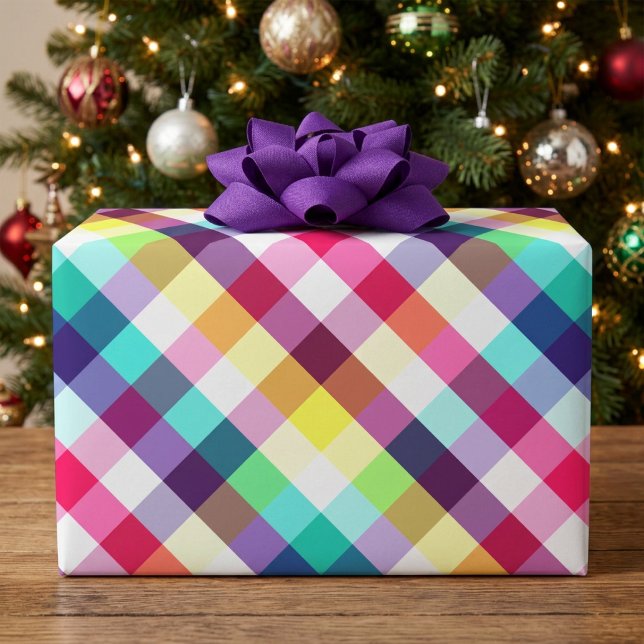 Funky Rainbow Plaid Pattern Wrapping Paper (Colorful Funky Rainbow Plaid Wrapping paper covering a gift box.)