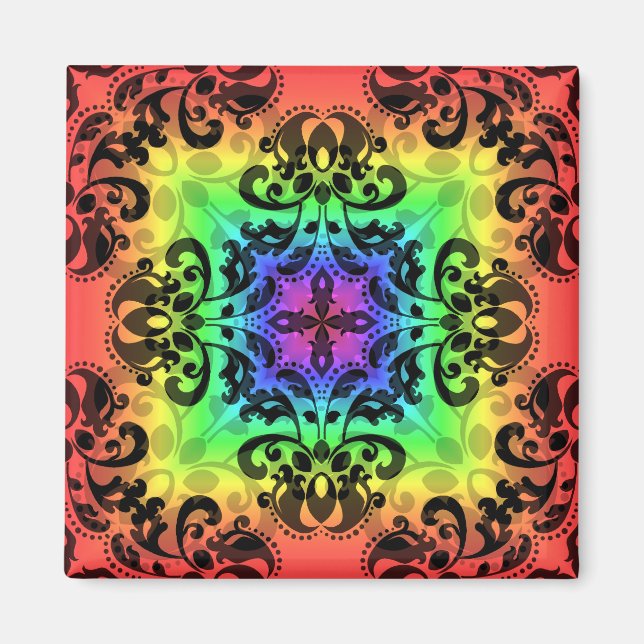 Funky rainbow square damask magnet (Front)