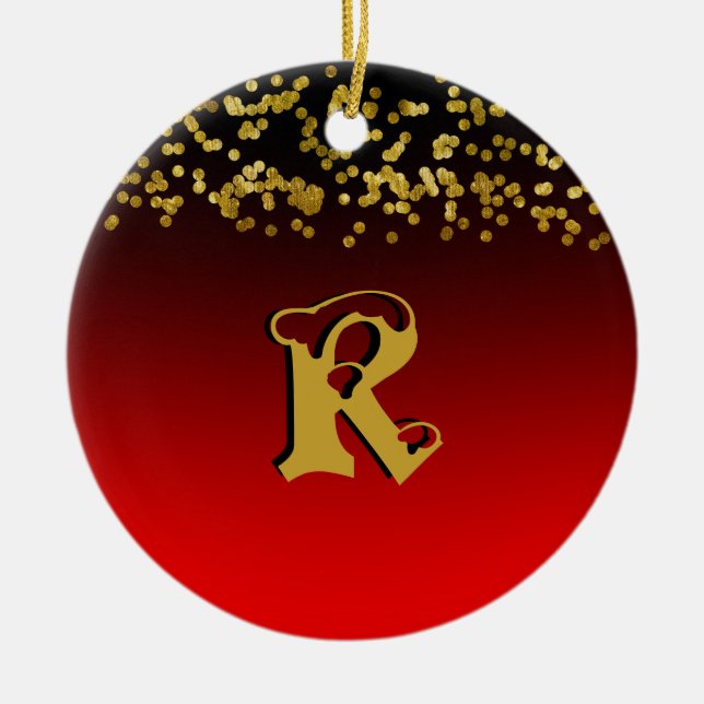 Funky Red Gold Glitter Stylish Monogrammed Custom Ceramic Tree Decoration (Front)