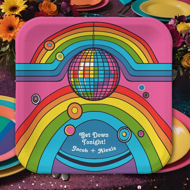 Funky Retro 70's Disco Rainbow Groovy Mirror Ball Paper Plate (Thrifty retro 70's wedding party plates with a disco theme and bright rainbow colors)