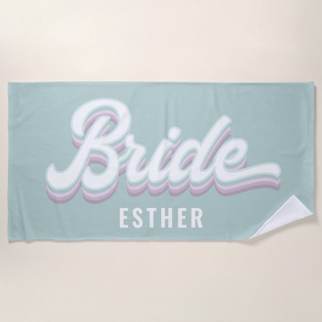 Funky retro 80's pastel bride bachelorette wedding beach towel (Front)